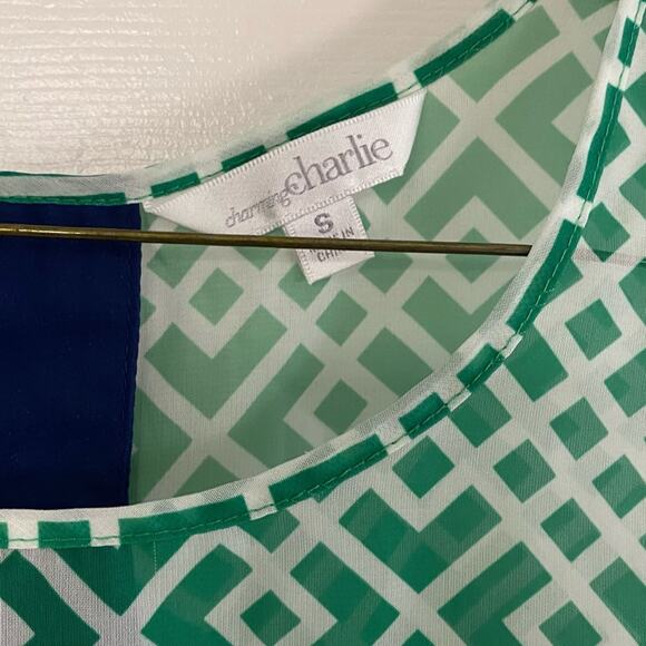 CHARMING CHARLIE • Green + Navy Printed Sheer Tank Top - Picture 4 of 5